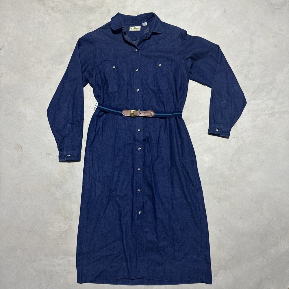 Vintage LL Bean Denim Jean Blue Shirt Dress Size 10 Women's Belted Button Down